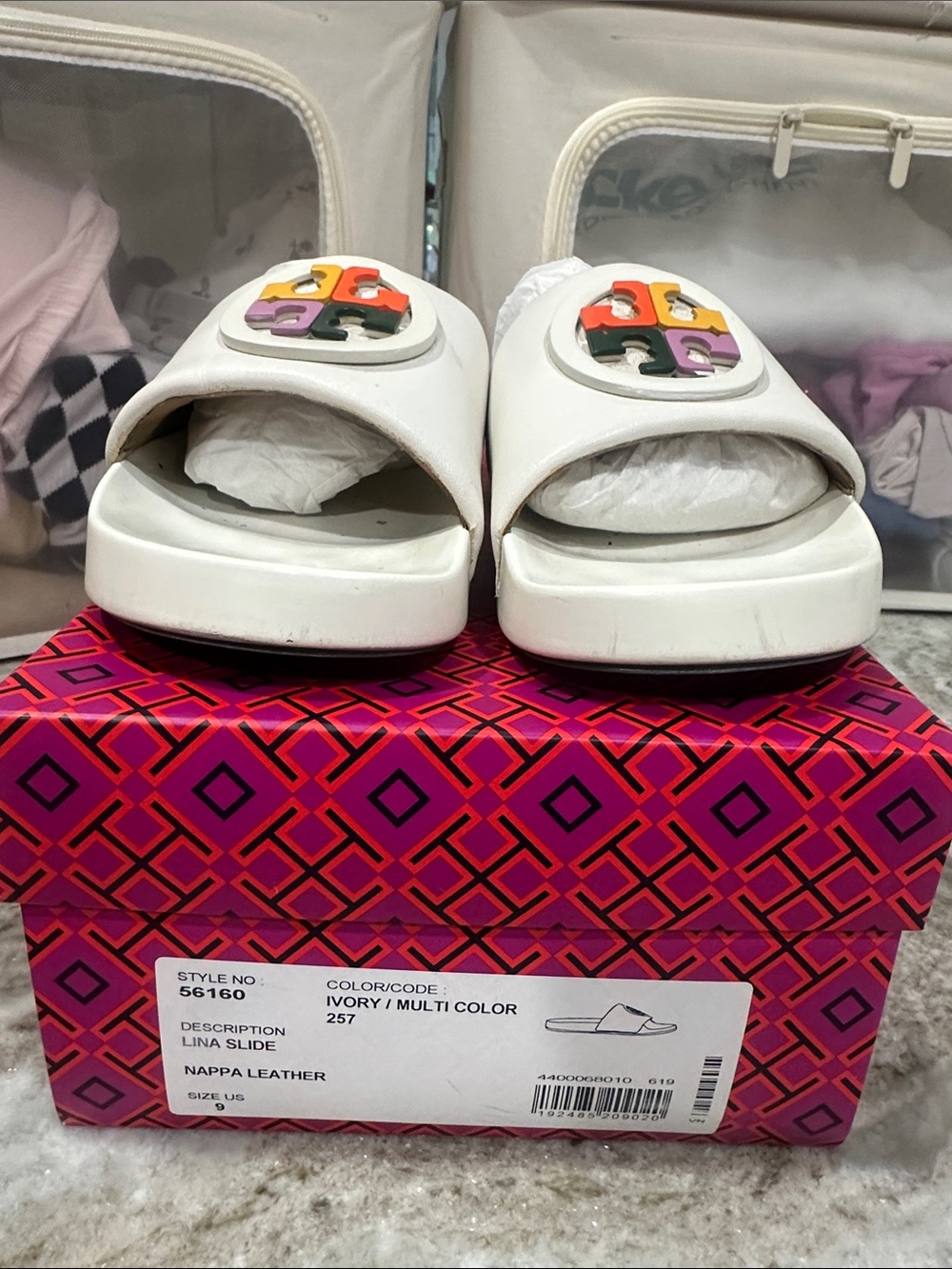 Tory Burch White Lina Slide Sandal with Multi-Color Logo